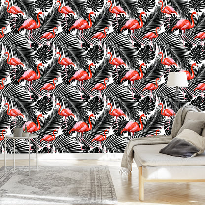 Wallpaper Flamingos And Black Exotic Leaves