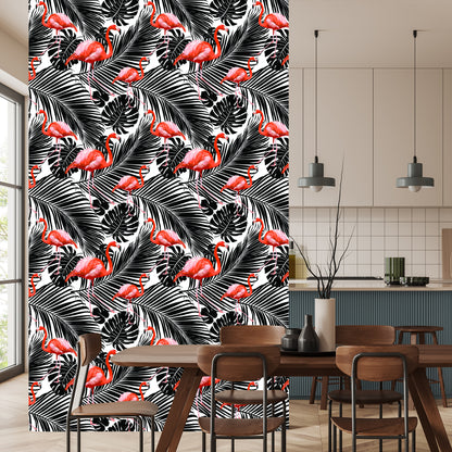 Wallpaper Flamingos And Black Exotic Leaves