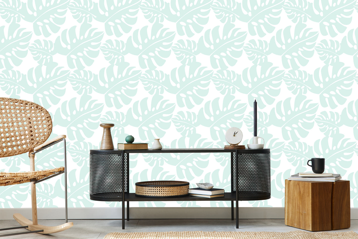 Wallpaper Tropical Leaves In Pastel Green