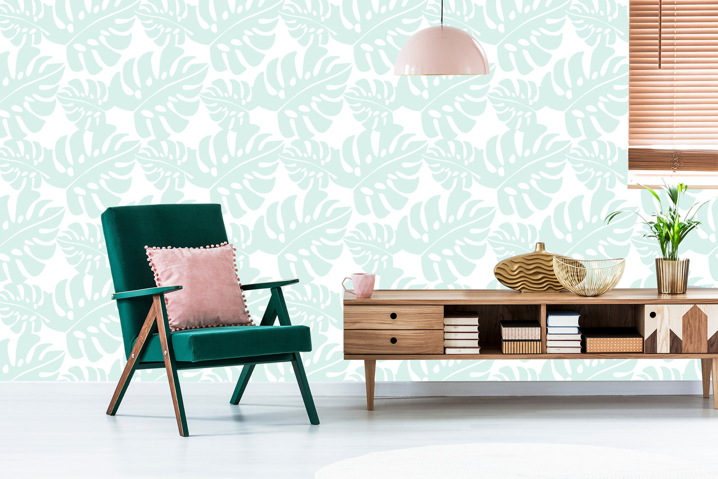 Wallpaper Tropical Leaves In Pastel Green