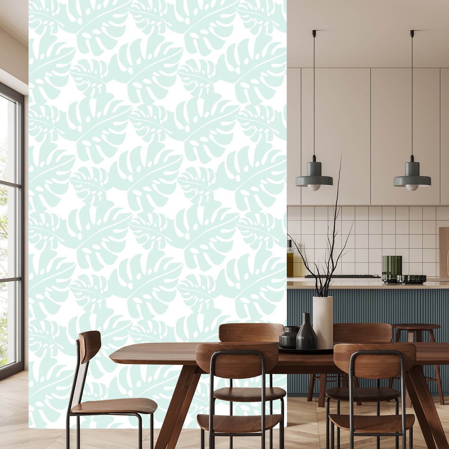 Wallpaper Tropical Leaves In Pastel Green