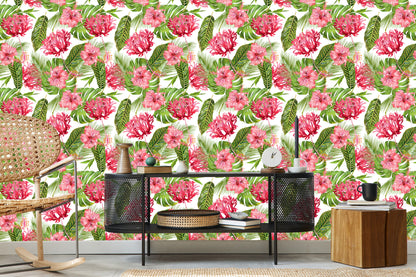 Wallpaper Pink Flowers Among The Leaves