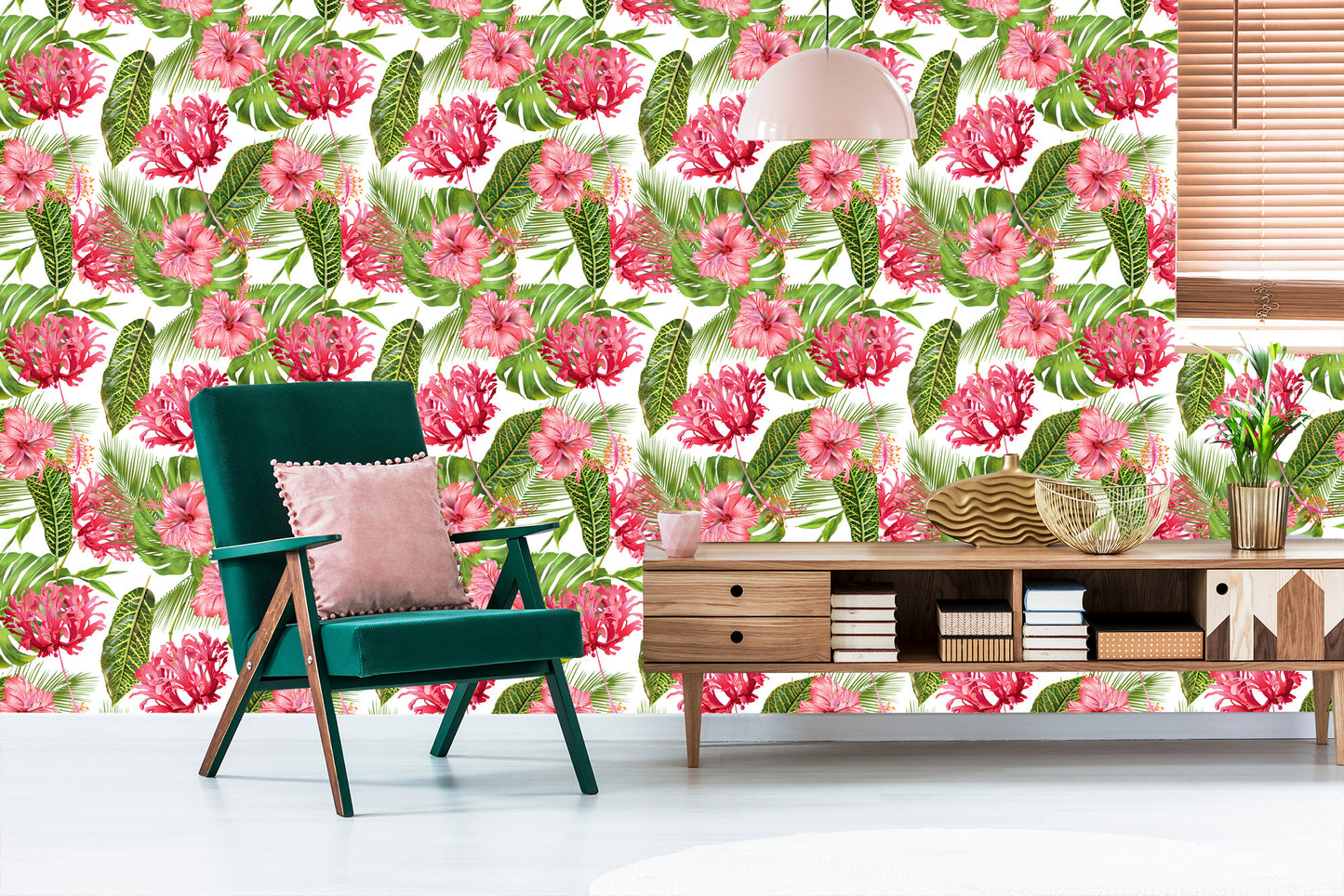 Wallpaper Pink Flowers Among The Leaves