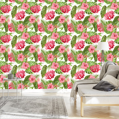 Wallpaper Pink Flowers Among The Leaves