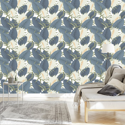 Wallpaper Tropical Leaves With Flowers
