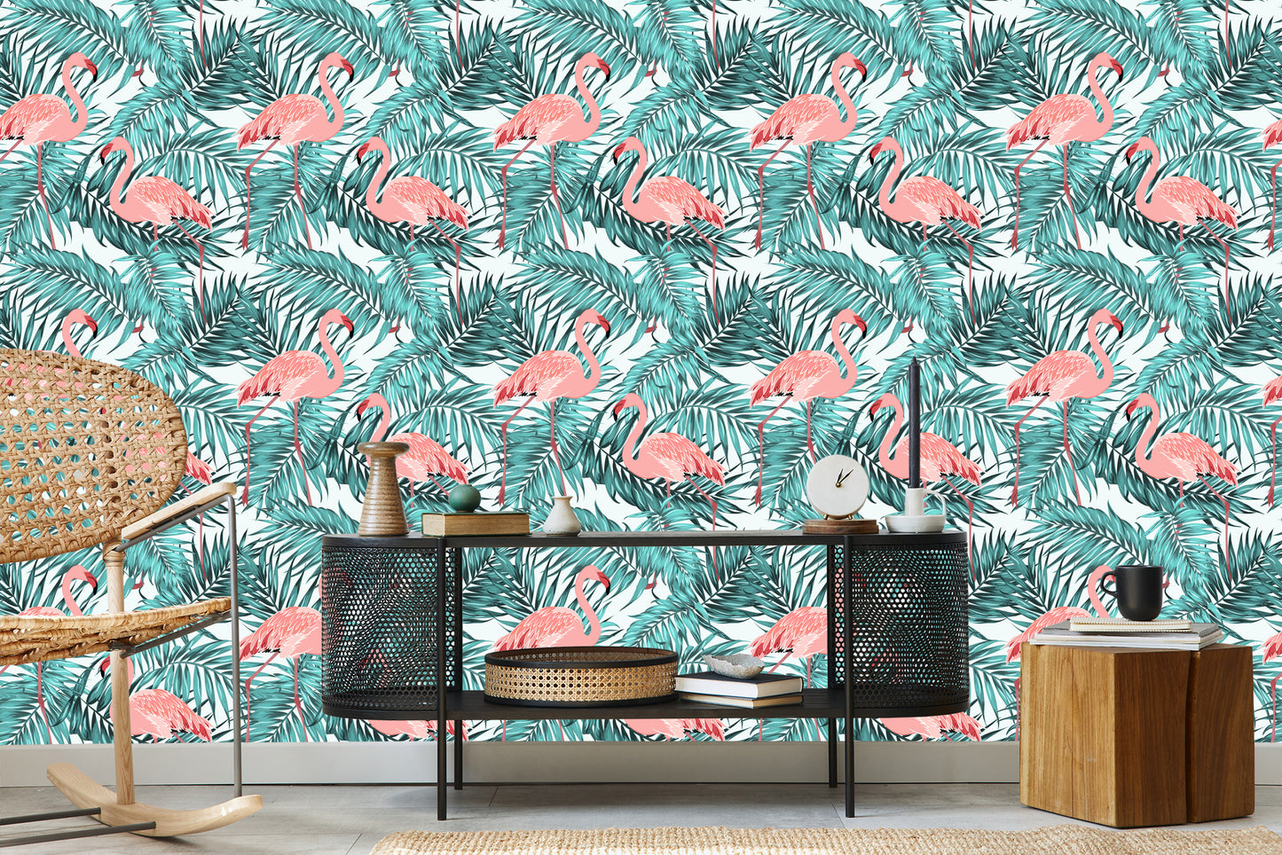 Wallpaper Leaves With Flamingos