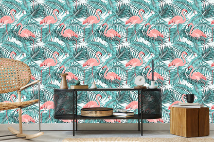 Wallpaper Leaves With Flamingos