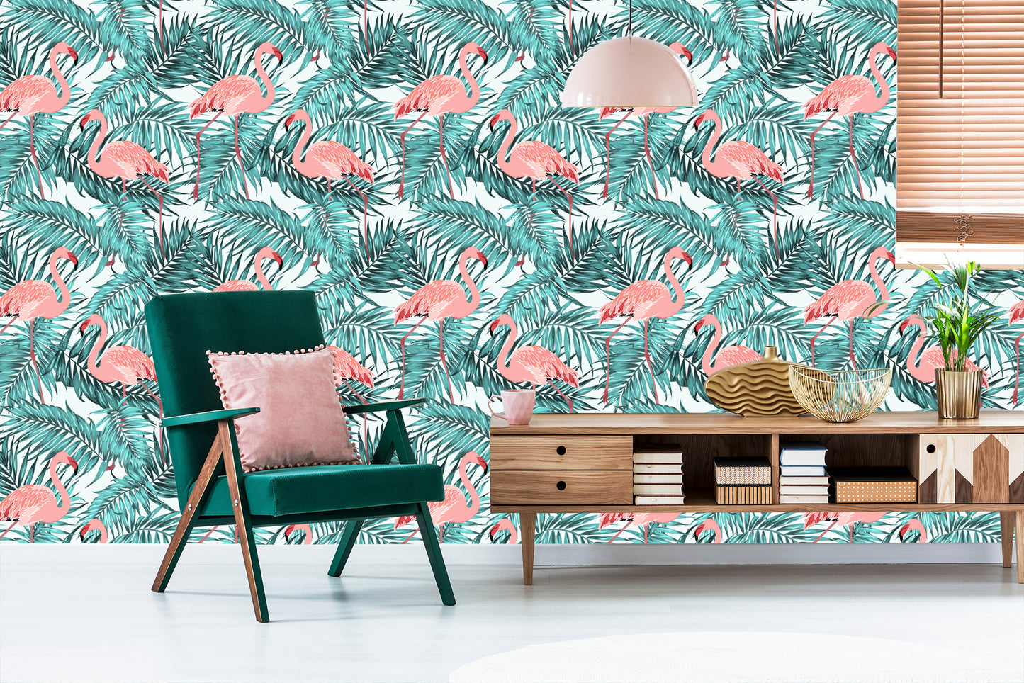 Wallpaper Leaves With Flamingos
