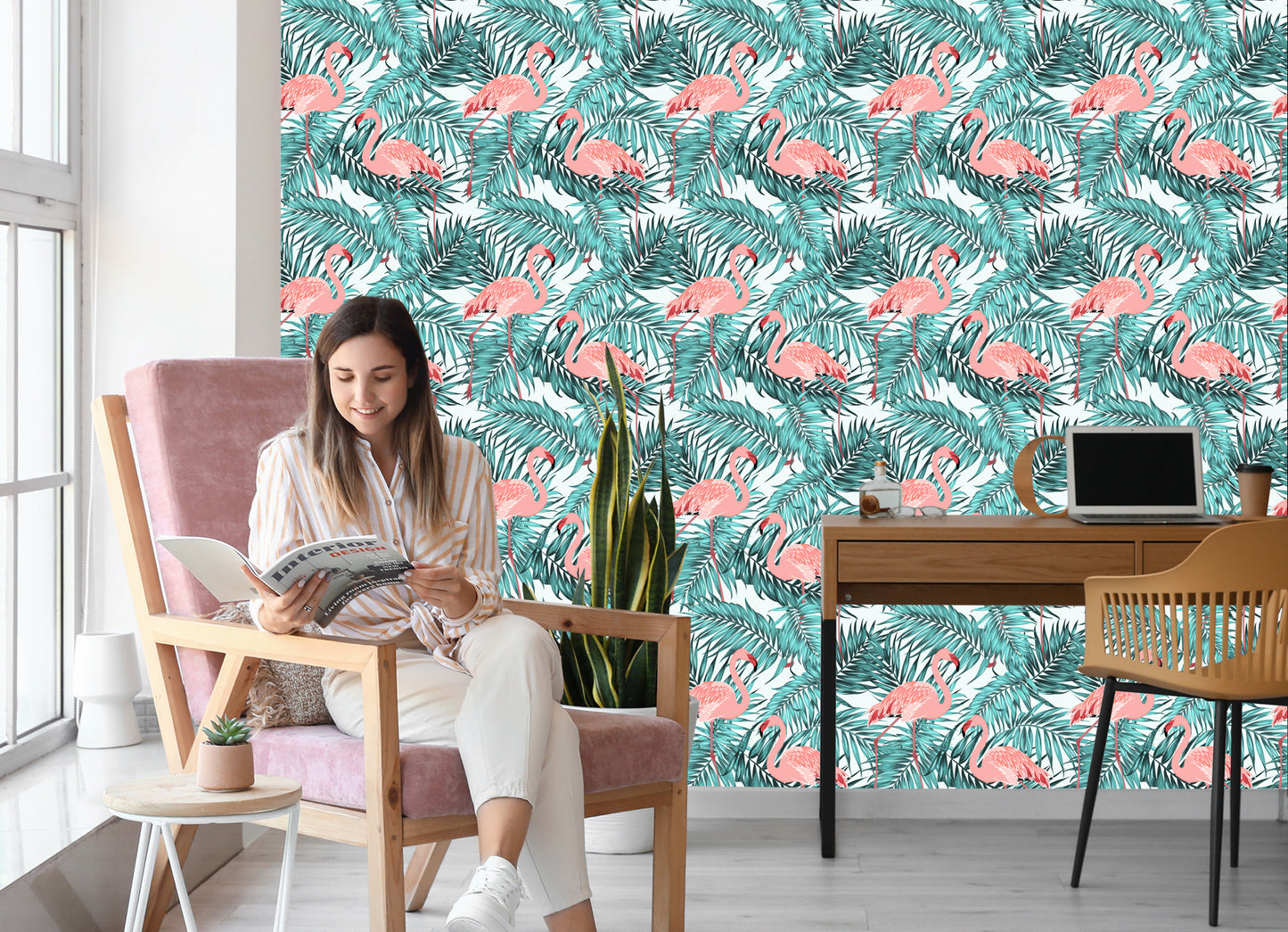 Wallpaper Leaves With Flamingos