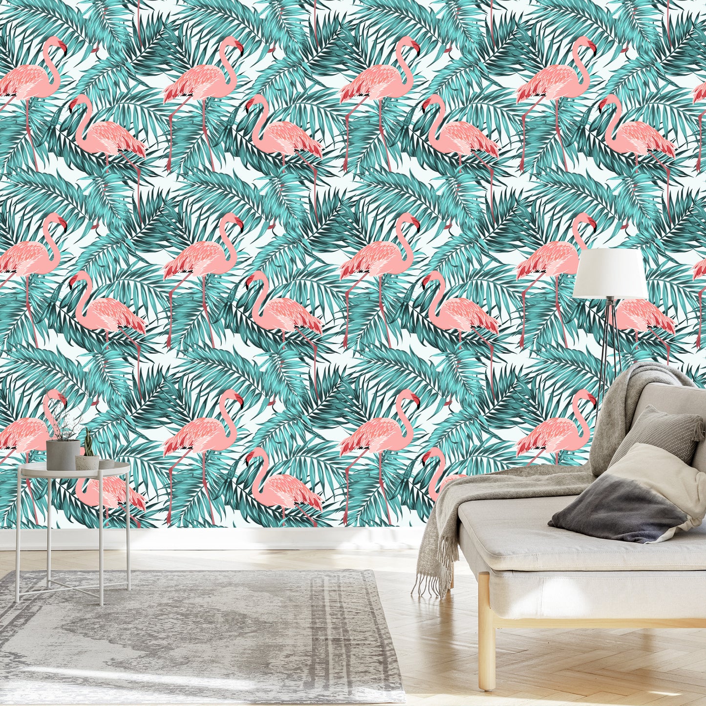 Wallpaper Leaves With Flamingos