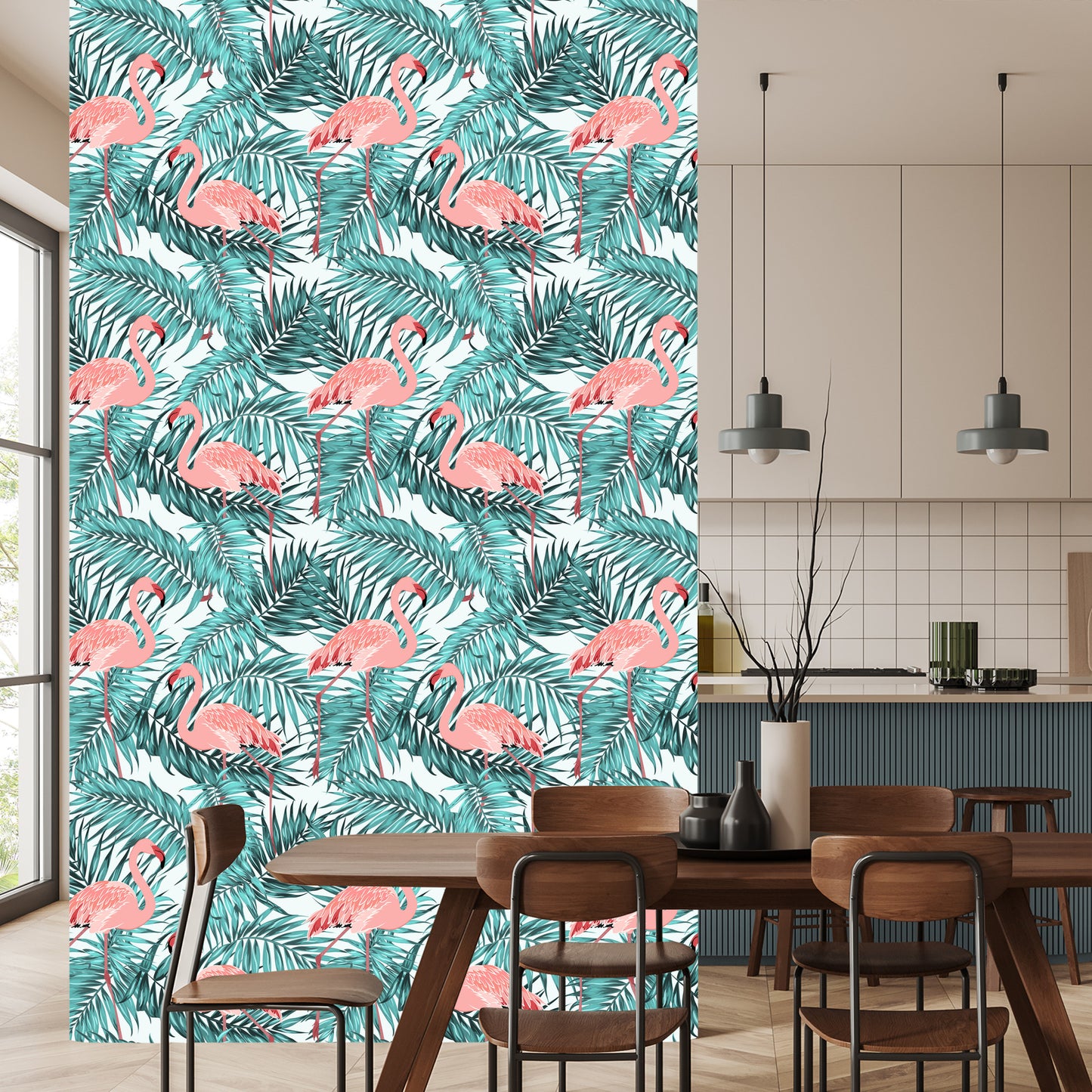 Wallpaper Leaves With Flamingos