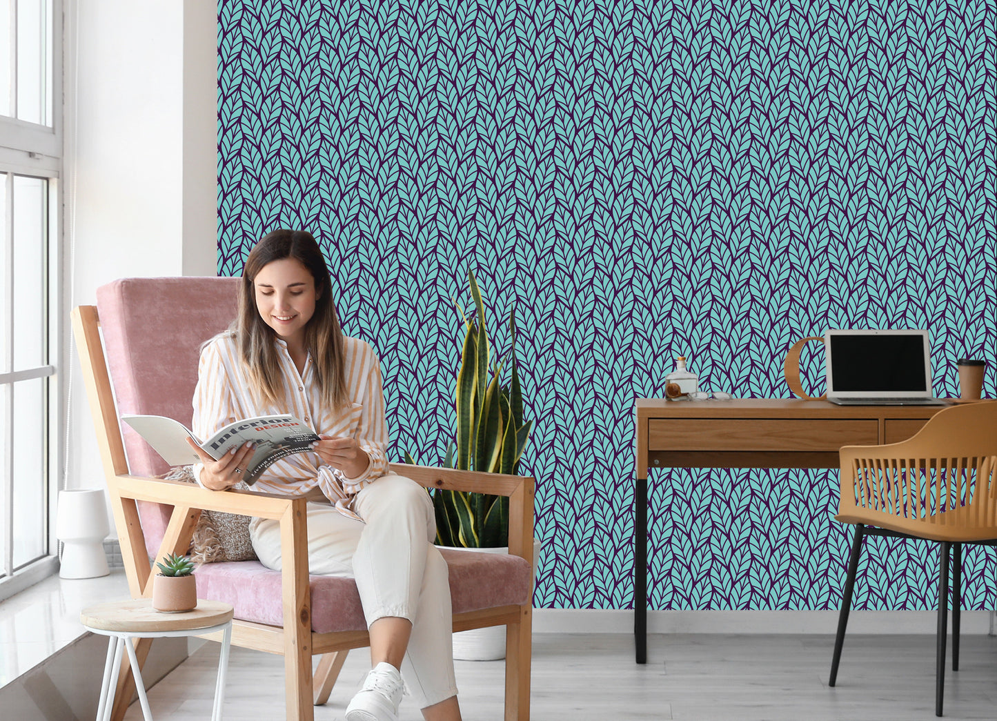 Wallpaper Blue Leafy Pattern