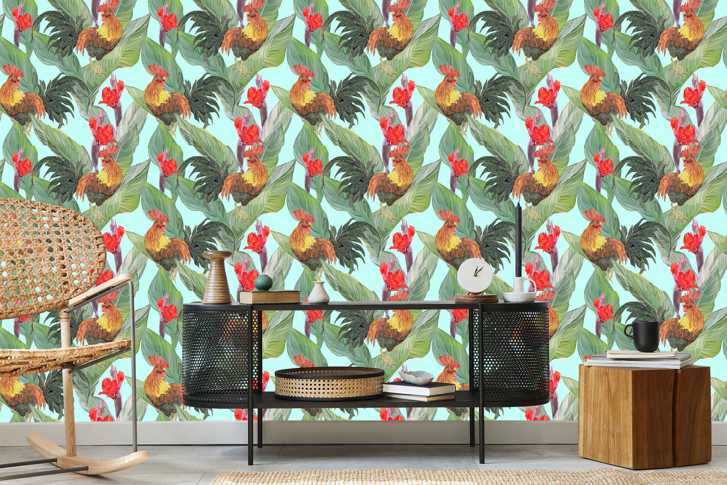 Wallpaper Leaves, Flowers And Roosters
