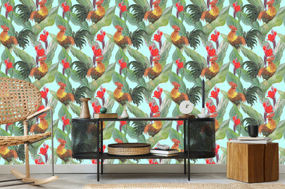 Wallpaper Leaves, Flowers And Roosters