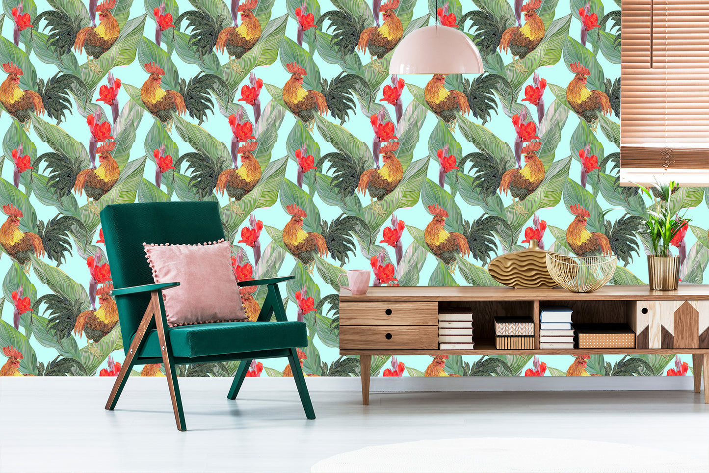 Wallpaper Leaves, Flowers And Roosters