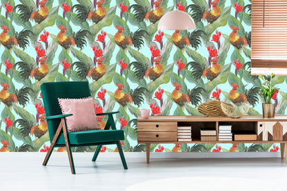 Wallpaper Leaves, Flowers And Roosters