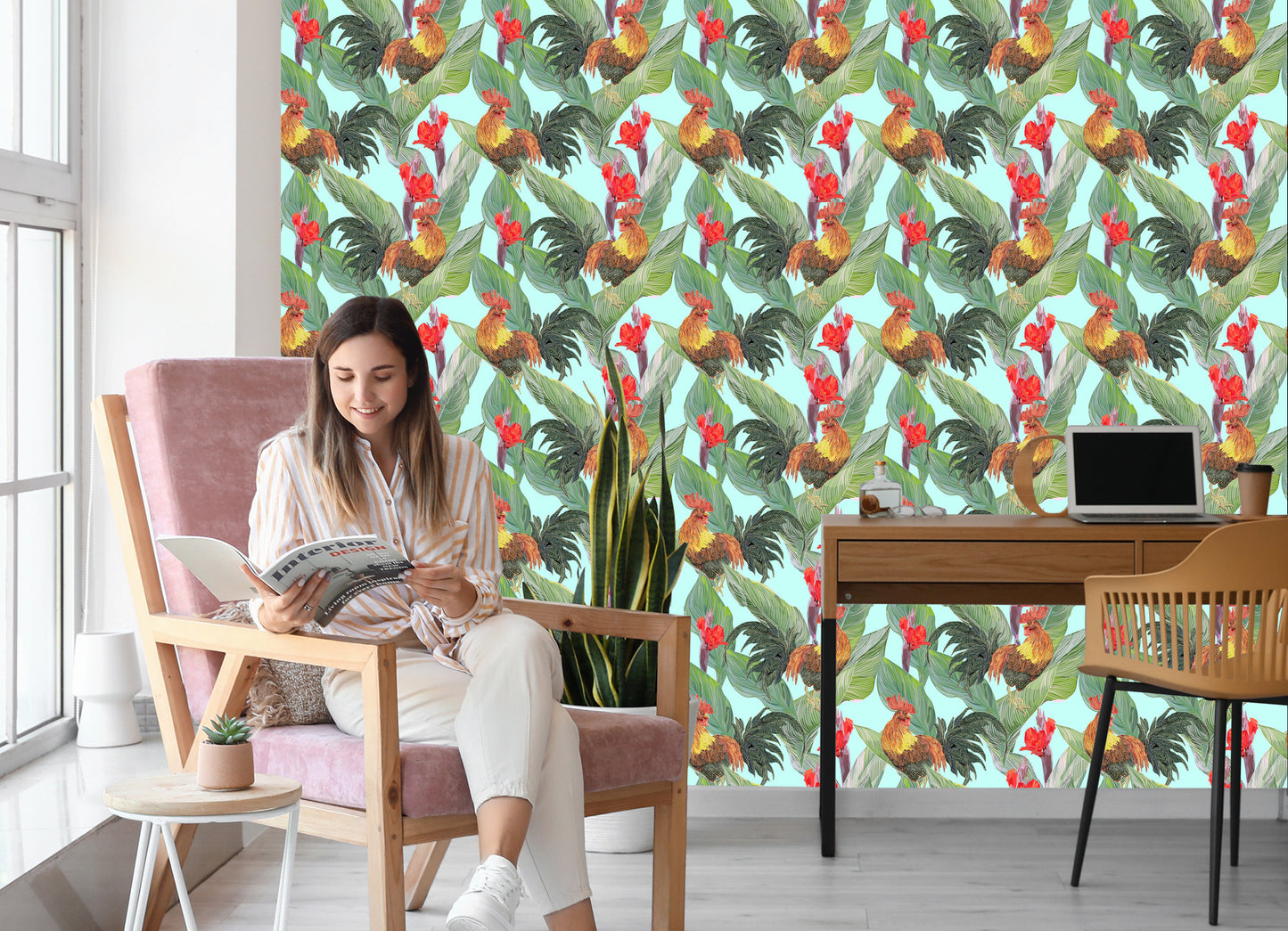 Wallpaper Leaves, Flowers And Roosters