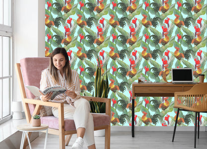 Wallpaper Leaves, Flowers And Roosters