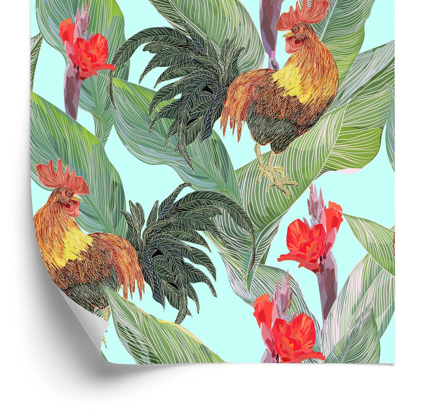 Wallpaper Leaves, Flowers And Roosters