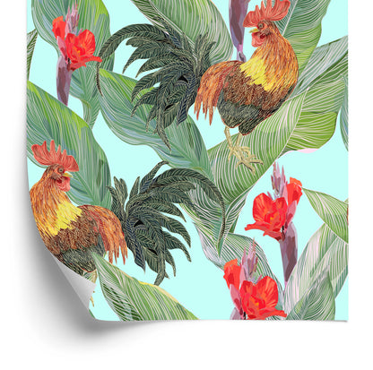 Wallpaper Leaves, Flowers And Roosters