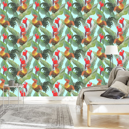Wallpaper Leaves, Flowers And Roosters