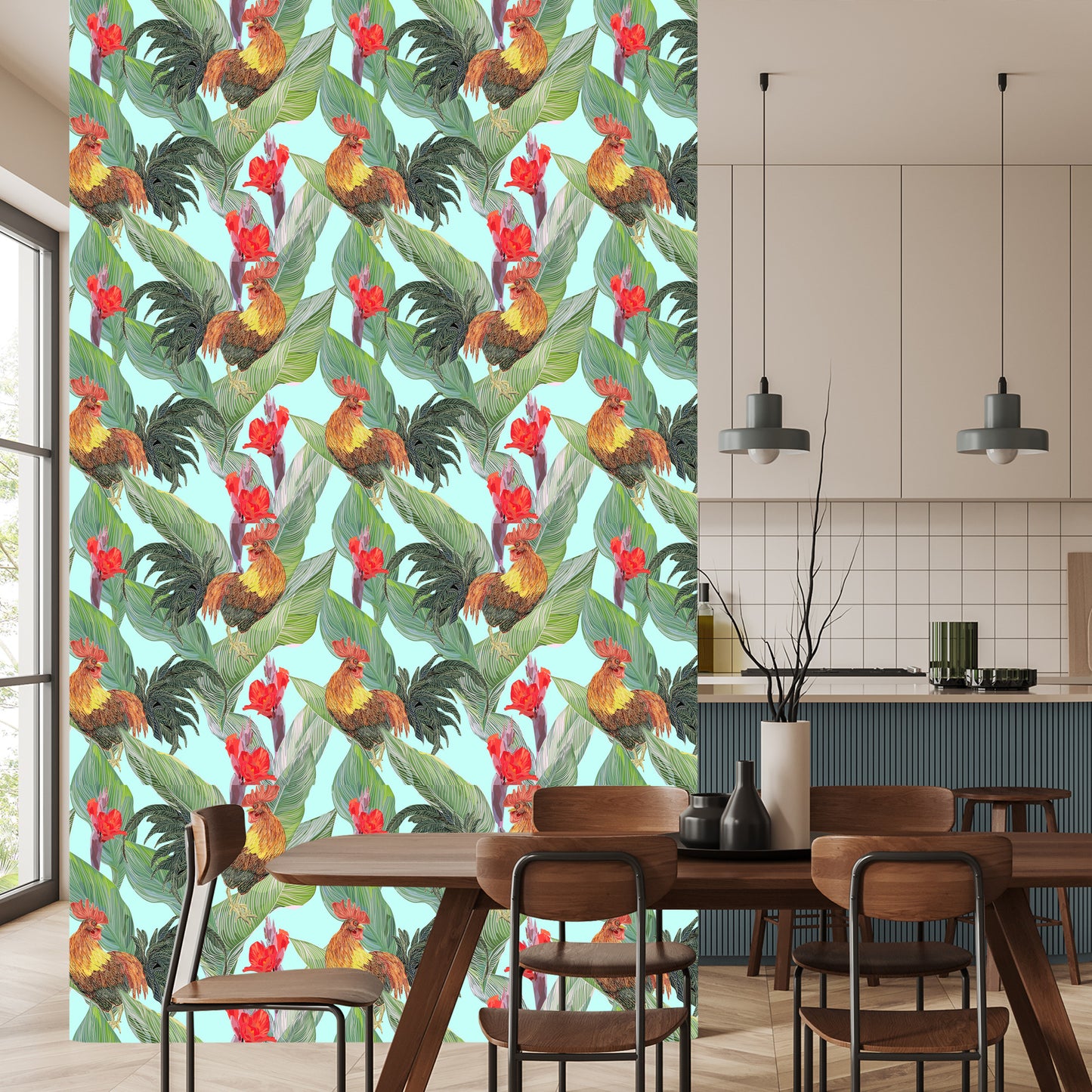 Wallpaper Leaves, Flowers And Roosters