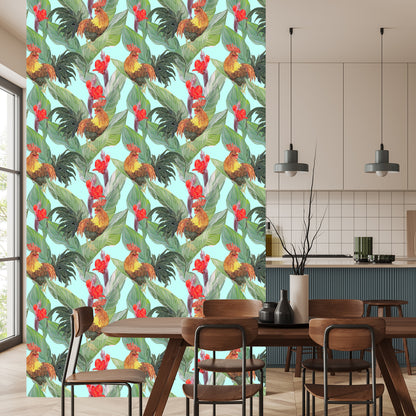 Wallpaper Leaves, Flowers And Roosters