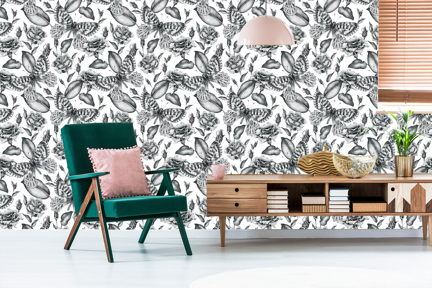 Wallpaper Black And White Roses With Butterflies
