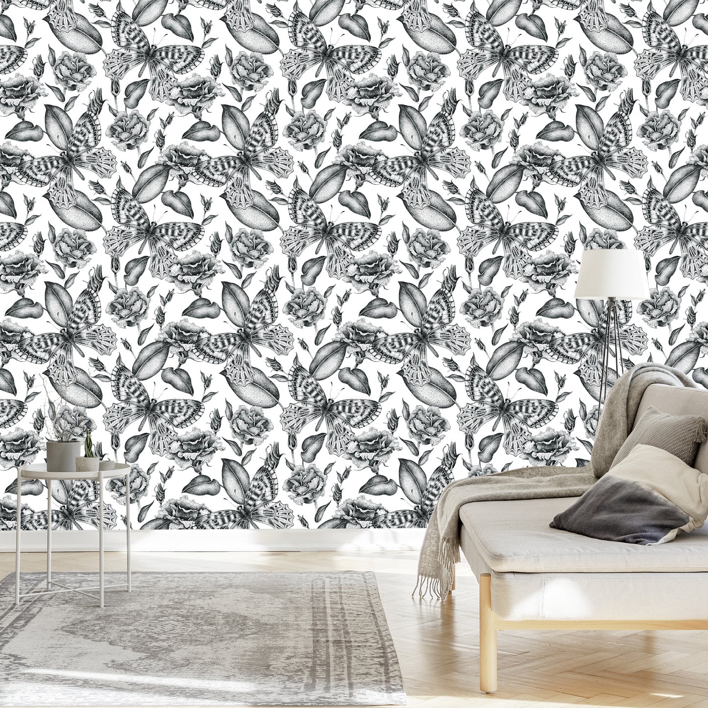 Wallpaper Black And White Roses With Butterflies