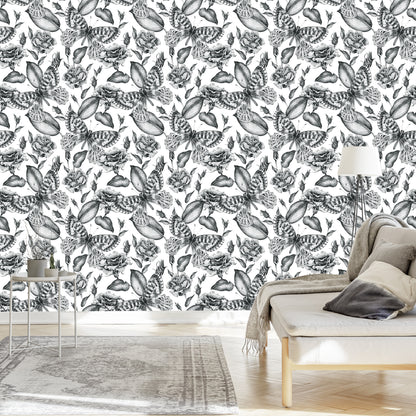 Wallpaper Black And White Roses With Butterflies