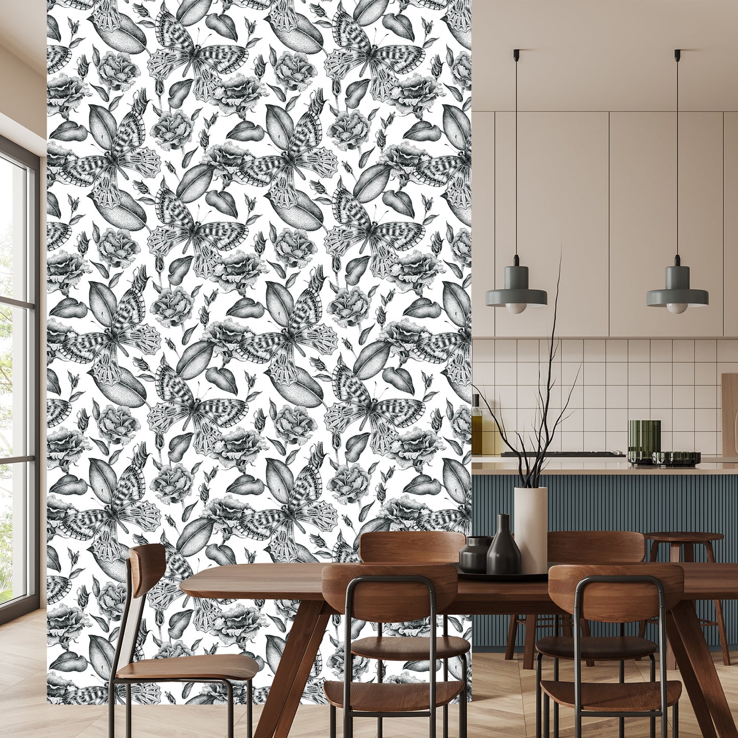 Wallpaper Black And White Roses With Butterflies