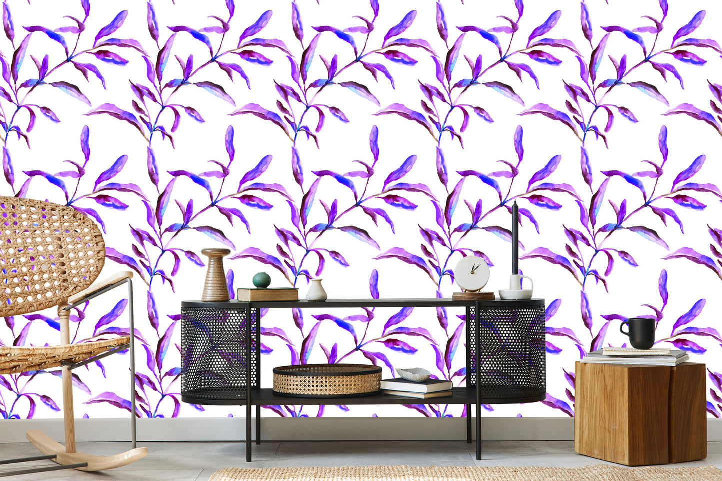 Wallpaper Purple Watercolor Leaves