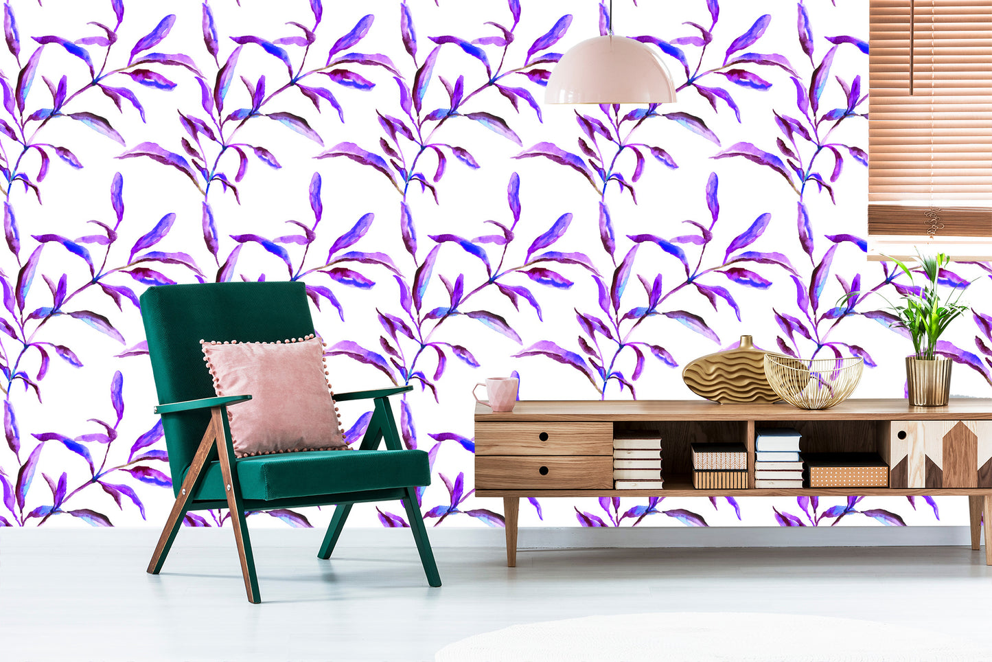 Wallpaper Purple Watercolor Leaves