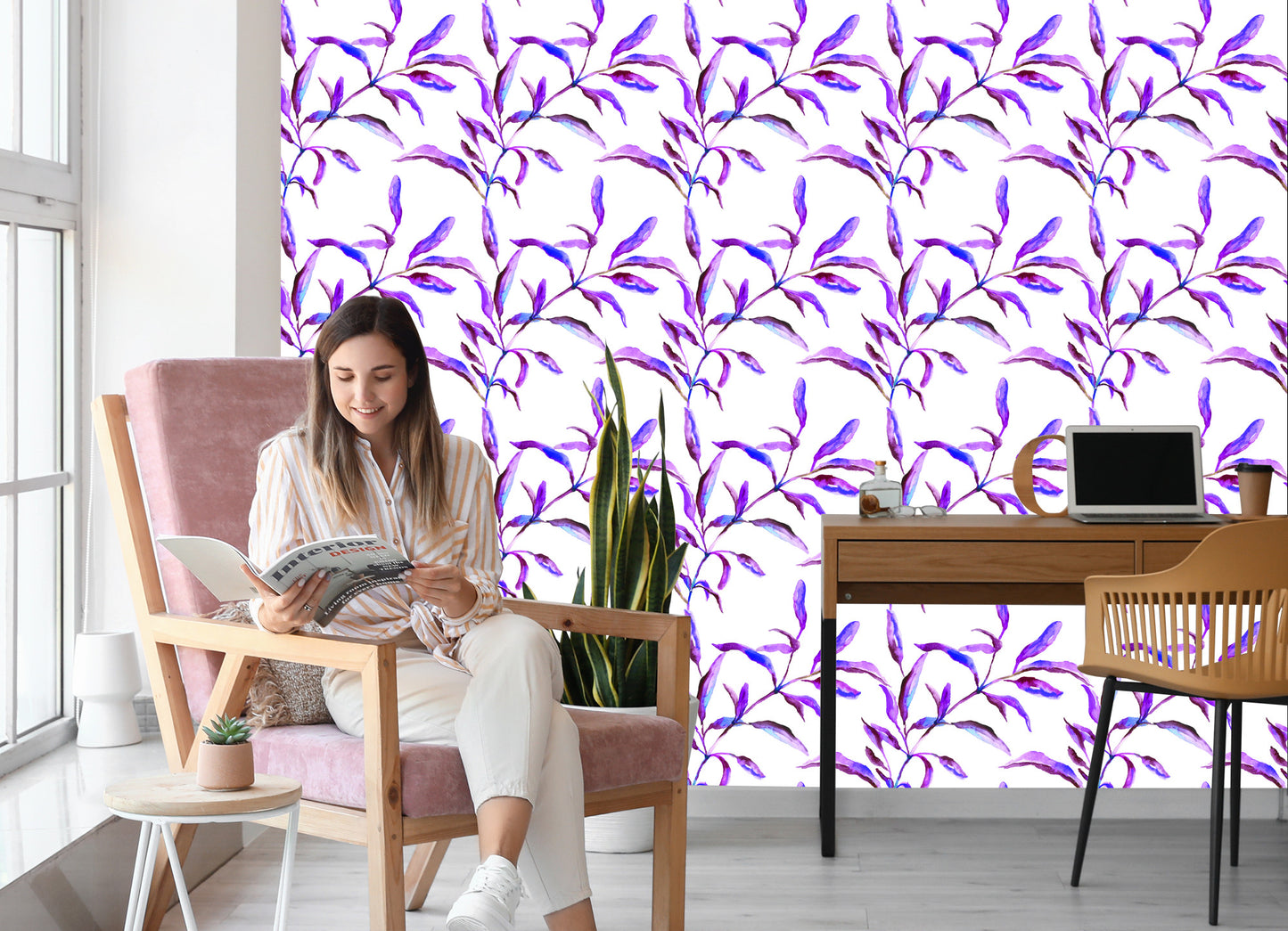 Wallpaper Purple Watercolor Leaves