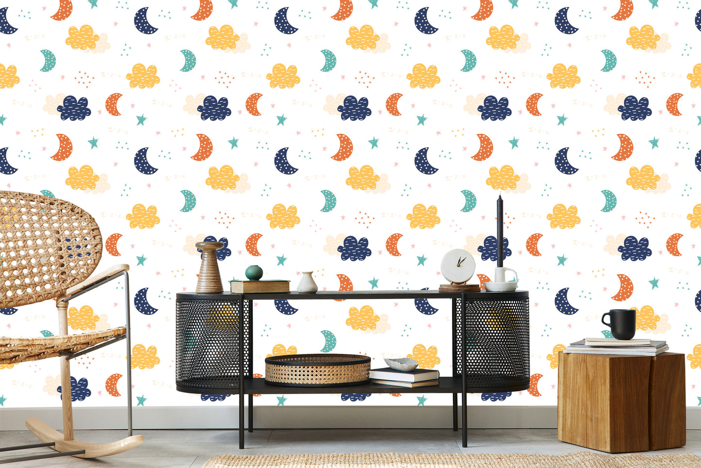 Wallpaper For Children - Colorful Clouds, Stars And Moons