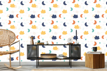 Wallpaper For Children - Colorful Clouds, Stars And Moons
