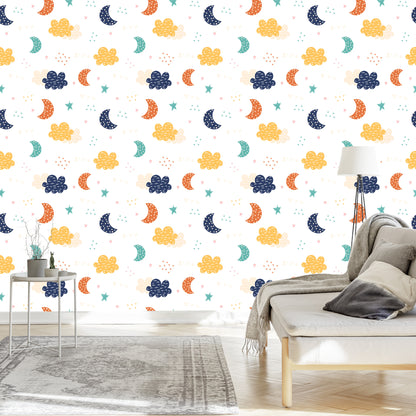 Wallpaper For Children - Colorful Clouds, Stars And Moons