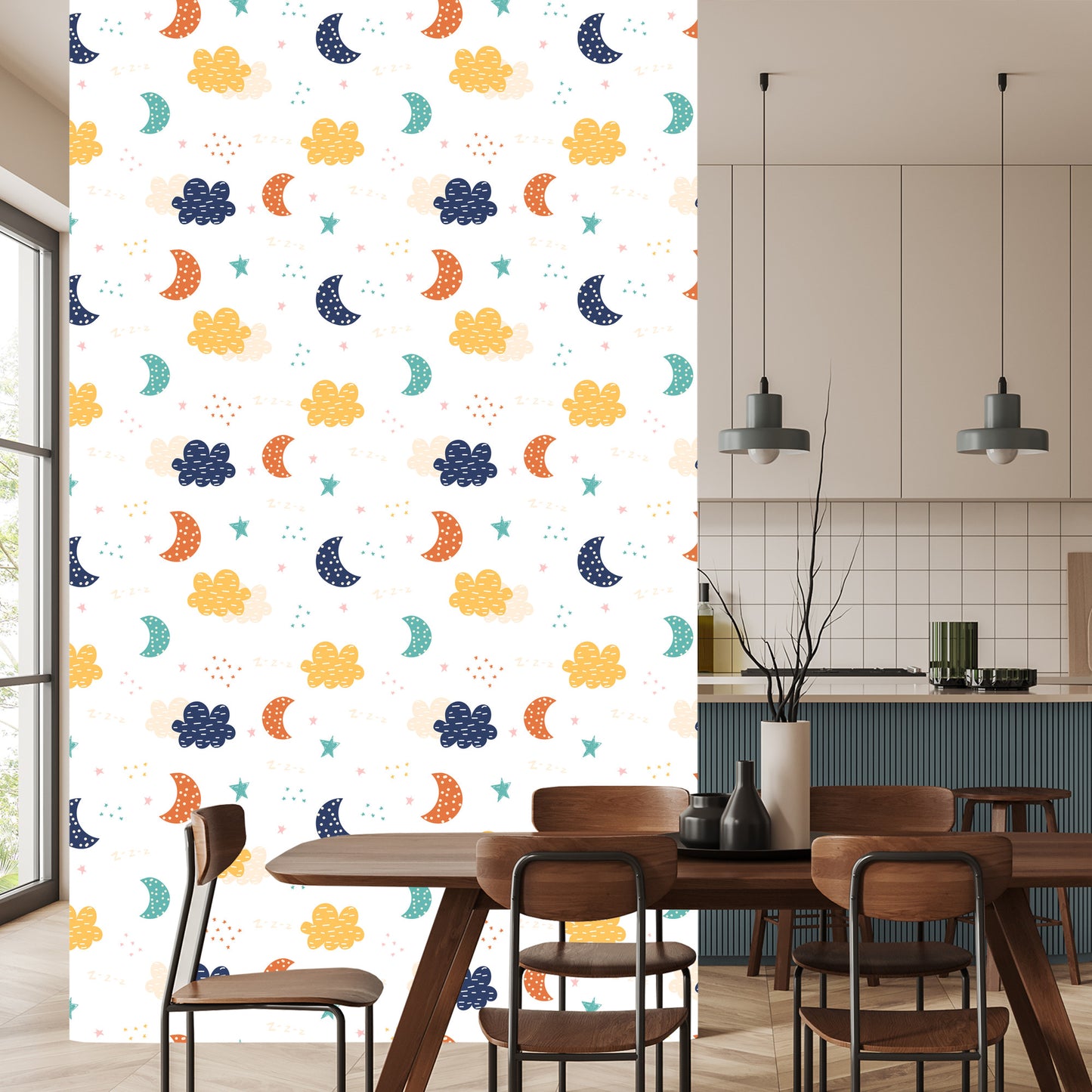 Wallpaper For Children - Colorful Clouds, Stars And Moons