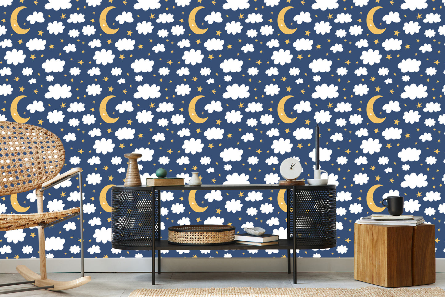 Wallpaper For Children - Stars, Clouds And Sleeping Moons