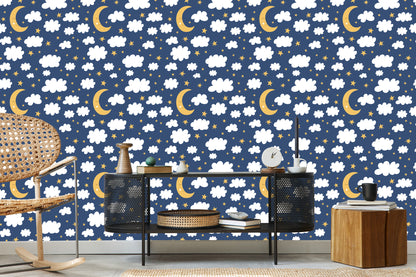 Wallpaper For Children - Stars, Clouds And Sleeping Moons