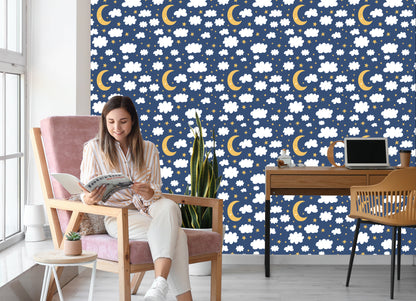 Wallpaper For Children - Stars, Clouds And Sleeping Moons