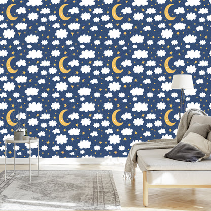 Wallpaper For Children - Stars, Clouds And Sleeping Moons