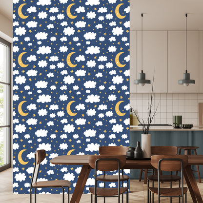 Wallpaper For Children - Stars, Clouds And Sleeping Moons