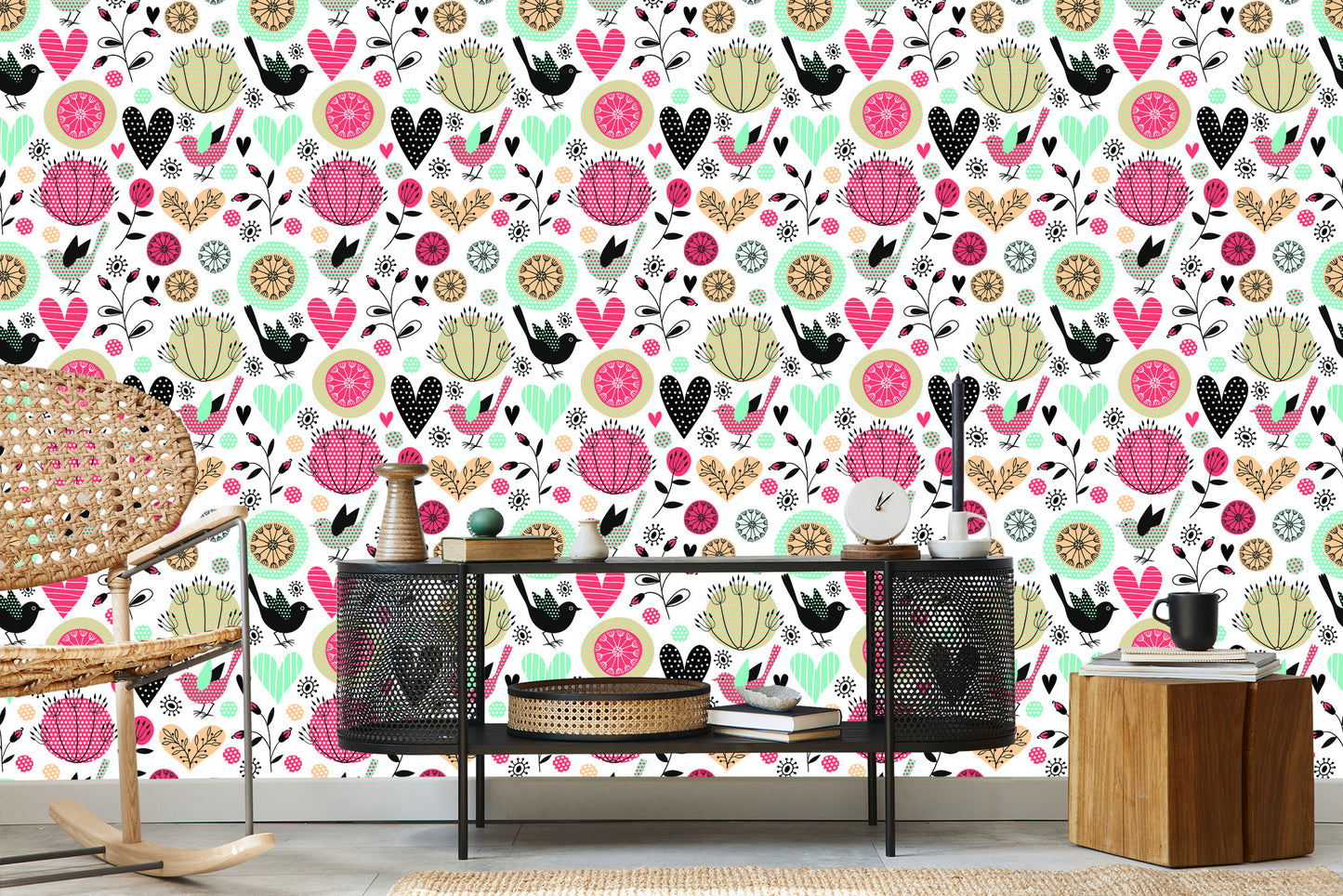 Wallpaper Plants Birds And Hearts In Retro Style