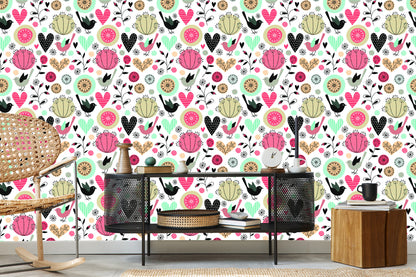 Wallpaper Plants Birds And Hearts In Retro Style