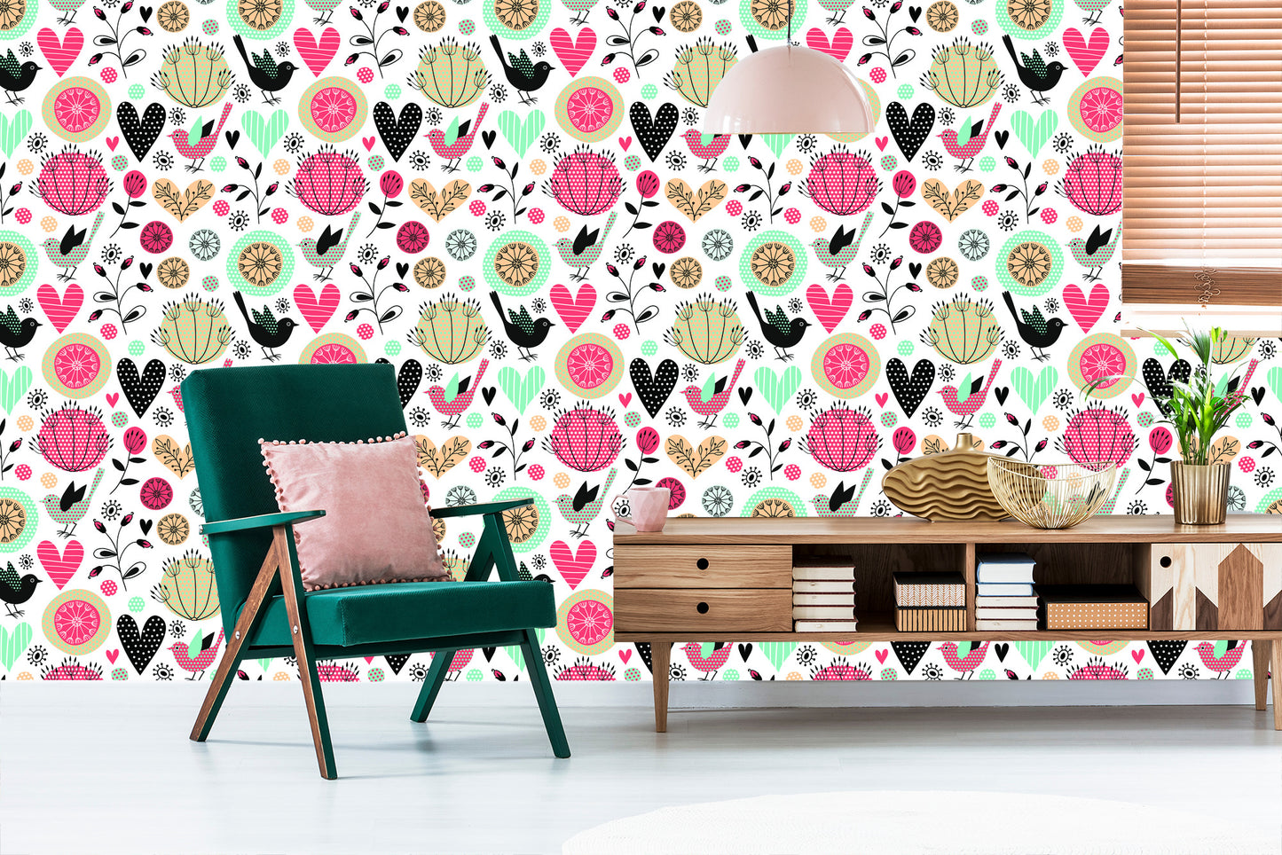 Wallpaper Plants Birds And Hearts In Retro Style