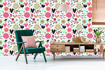 Wallpaper Plants Birds And Hearts In Retro Style