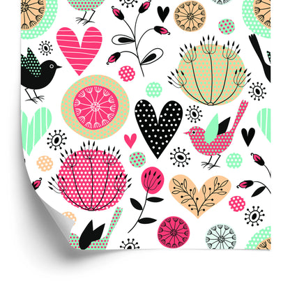 Wallpaper Plants Birds And Hearts In Retro Style