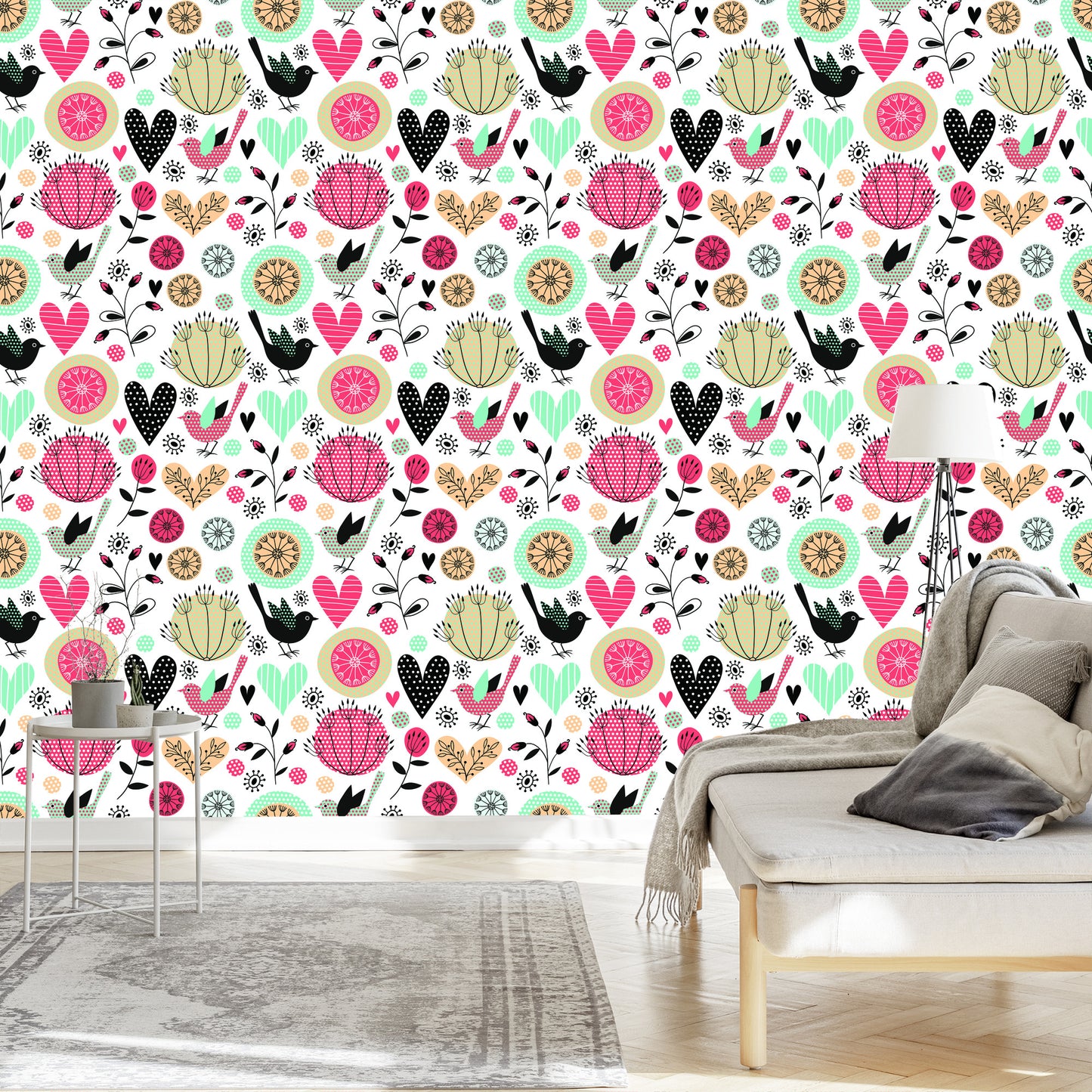 Wallpaper Plants Birds And Hearts In Retro Style