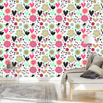 Wallpaper Plants Birds And Hearts In Retro Style